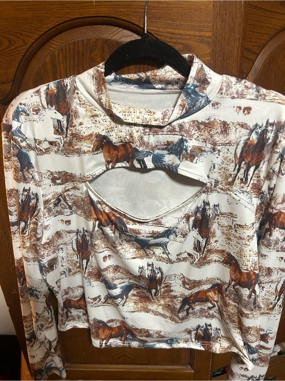 Women's White Horse-Print Long Sleeve Cutout Top